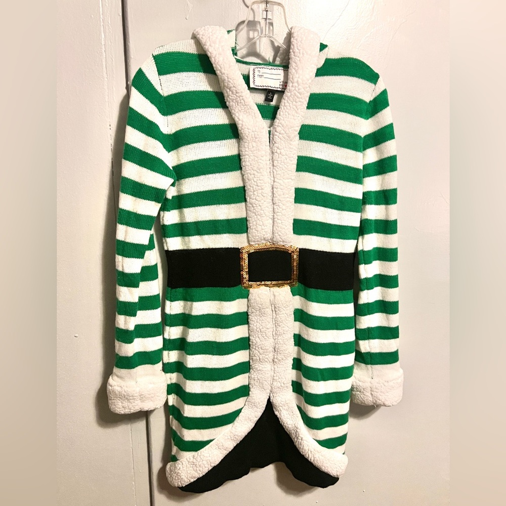 DEREK HEART L JUNIOR ELF COZY GREEN AND WHITE STRIPE KNIT DRESS -FITS S/M WOMEN